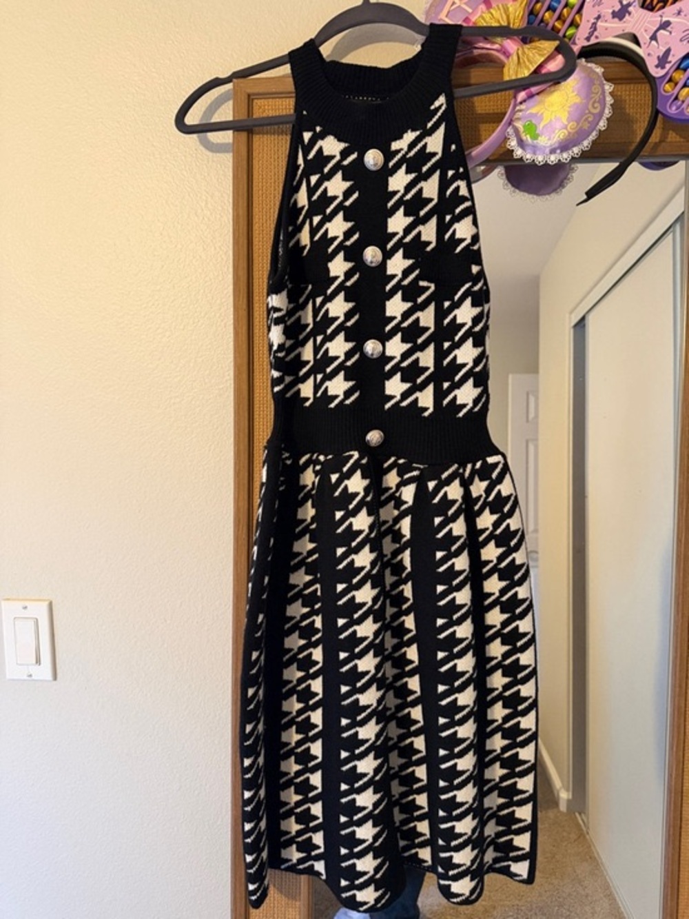 Black & White Houndstooth Knit Midi Dress with Buttons